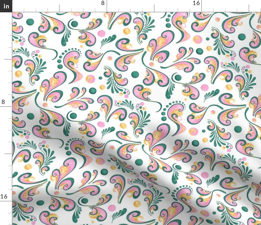 Swirls- Large- White Background, Green, Pink, Yellow Designs