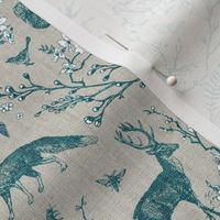 Spring Woodland Toile (teal beige/burlap) MED 