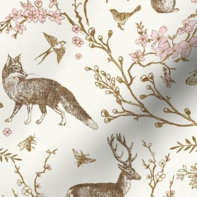 Spring Woodland Toile (sepia pink /linen) LRG