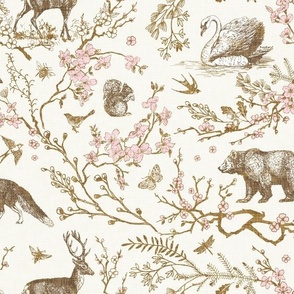 Spring Woodland Toile (sepia pink /linen) LRG