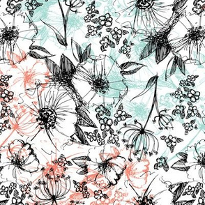 Sketchy Flowers - Mint & Coral