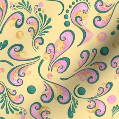 Swirls- Large- Yellow Background, Green, Pink, Yellow Designs