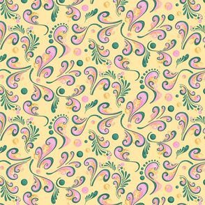 Swirls- Large- Yellow Background, Green, Pink, Yellow Designs