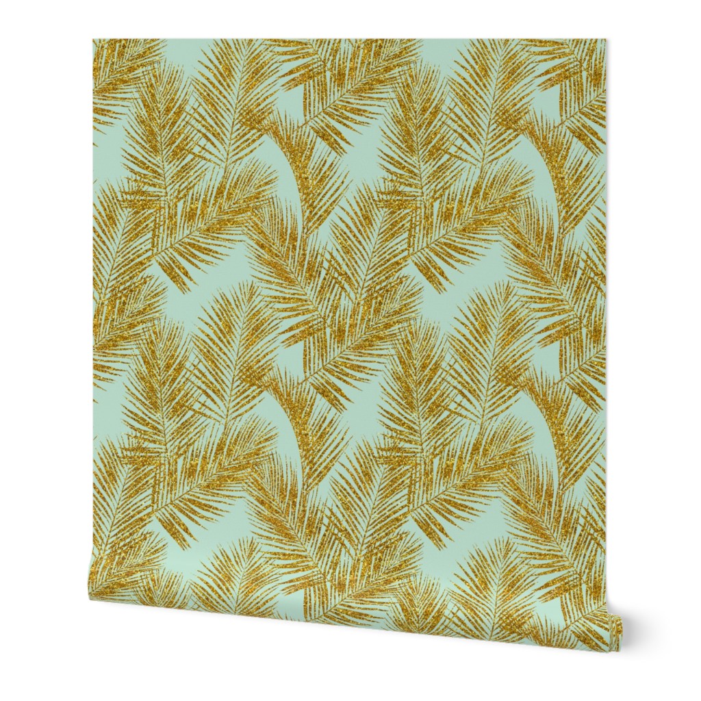 gold glitter palm leaves - mint, large. silhuettes faux gold imitation tropical forest mint background hot summer palm plant leaves shimmering metal effect texture fabric wallpaper giftwrap