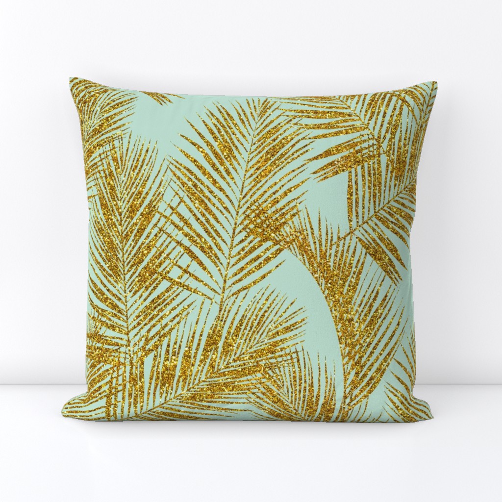 gold glitter palm leaves - mint, large. silhuettes faux gold imitation tropical forest mint background hot summer palm plant leaves shimmering metal effect texture fabric wallpaper giftwrap