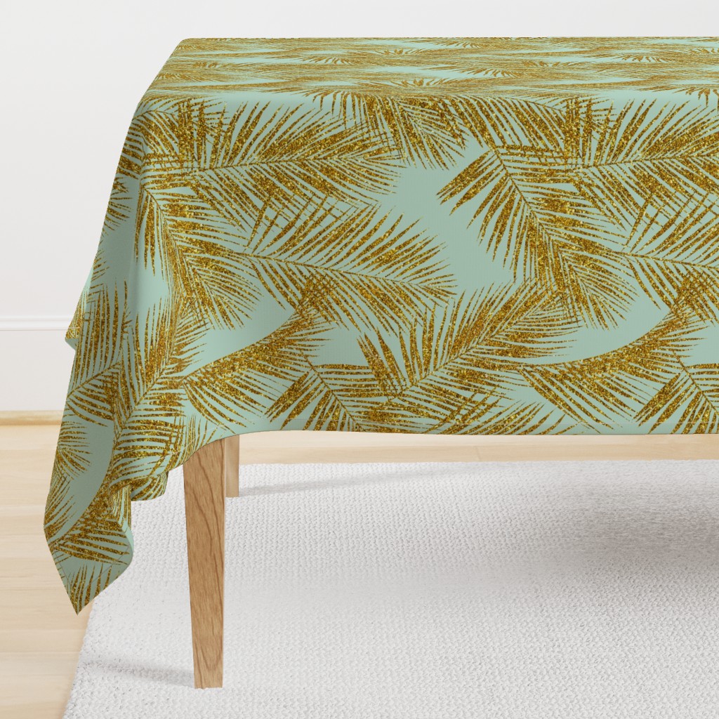 gold glitter palm leaves - mint, large. silhuettes faux gold imitation tropical forest mint background hot summer palm plant leaves shimmering metal effect texture fabric wallpaper giftwrap