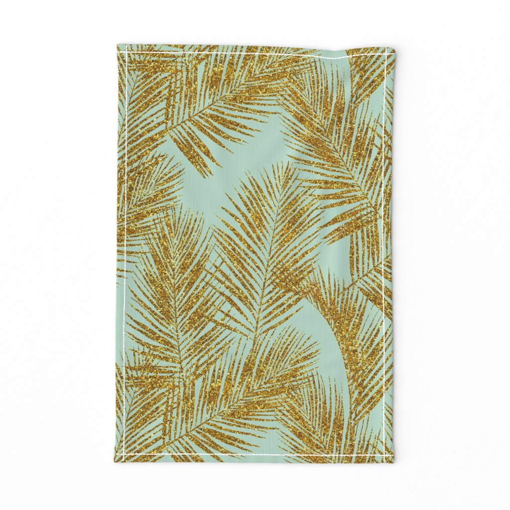 gold glitter palm leaves - mint, large. silhuettes faux gold imitation tropical forest mint background hot summer palm plant leaves shimmering metal effect texture fabric wallpaper giftwrap