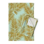 gold glitter palm leaves - mint, large. silhuettes faux gold imitation tropical forest mint background hot summer palm plant leaves shimmering metal effect texture fabric wallpaper giftwrap