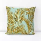 gold glitter palm leaves - mint, large. silhuettes faux gold imitation tropical forest mint background hot summer palm plant leaves shimmering metal effect texture fabric wallpaper giftwrap