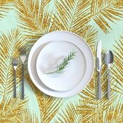 gold glitter palm leaves - mint, large. silhuettes faux gold imitation tropical forest mint background hot summer palm plant leaves shimmering metal effect texture fabric wallpaper giftwrap