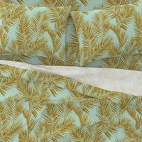 gold glitter palm leaves - mint, large. silhuettes faux gold imitation tropical forest mint background hot summer palm plant leaves shimmering metal effect texture fabric wallpaper giftwrap