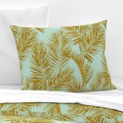 gold glitter palm leaves - mint, large. silhuettes faux gold imitation tropical forest mint background hot summer palm plant leaves shimmering metal effect texture fabric wallpaper giftwrap