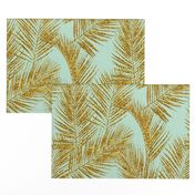 gold glitter palm leaves - mint, large. silhuettes faux gold imitation tropical forest mint background hot summer palm plant leaves shimmering metal effect texture fabric wallpaper giftwrap