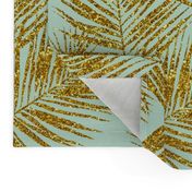 gold glitter palm leaves - mint, large. silhuettes faux gold imitation tropical forest mint background hot summer palm plant leaves shimmering metal effect texture fabric wallpaper giftwrap