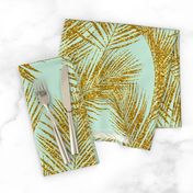 gold glitter palm leaves - mint, large. silhuettes faux gold imitation tropical forest mint background hot summer palm plant leaves shimmering metal effect texture fabric wallpaper giftwrap