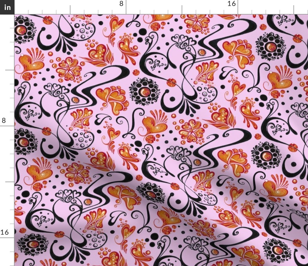 Hearts- Large- Light Pink- Swirly- Orange 