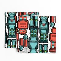 Small Retro Robots with Flying Saucer on Minky