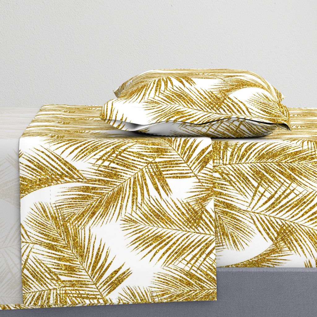 gold glitter palm leaves - white, large.   silhuettes faux gold imitation tropical forest white background hot summer palm plant leaves shimmering metal effect texture fabric wallpaper giftwrap