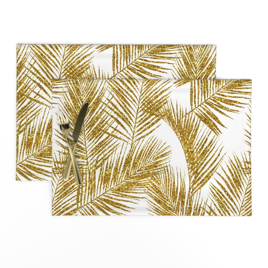 gold glitter palm leaves - white, large.   silhuettes faux gold imitation tropical forest white background hot summer palm plant leaves shimmering metal effect texture fabric wallpaper giftwrap