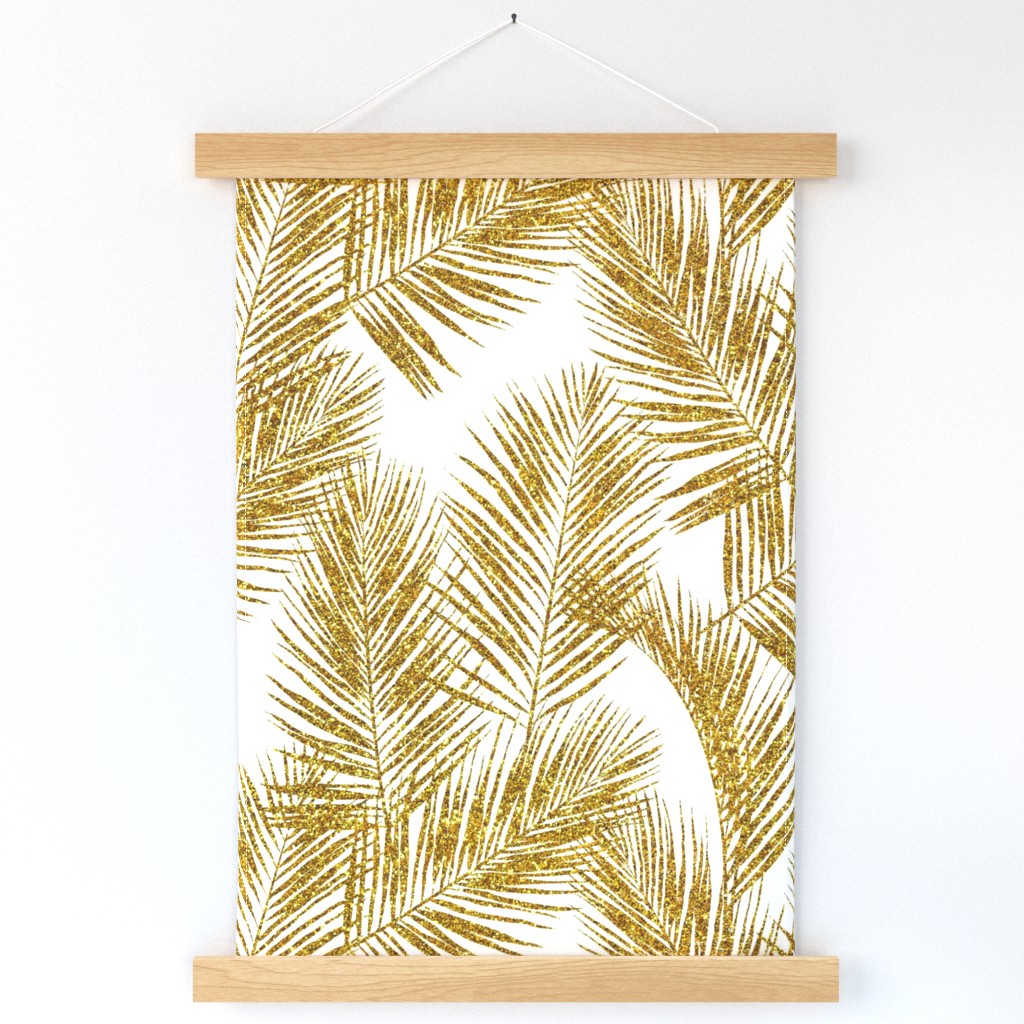 gold glitter palm leaves - white, large.   silhuettes faux gold imitation tropical forest white background hot summer palm plant leaves shimmering metal effect texture fabric wallpaper giftwrap