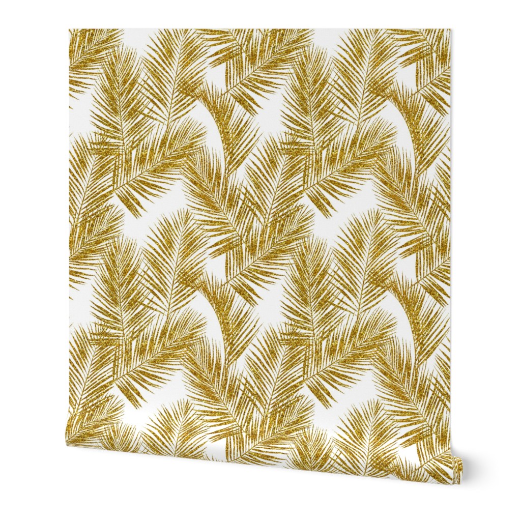 gold glitter palm leaves - white, large.   silhuettes faux gold imitation tropical forest white background hot summer palm plant leaves shimmering metal effect texture fabric wallpaper giftwrap