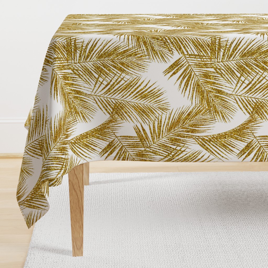 gold glitter palm leaves - white, large.   silhuettes faux gold imitation tropical forest white background hot summer palm plant leaves shimmering metal effect texture fabric wallpaper giftwrap