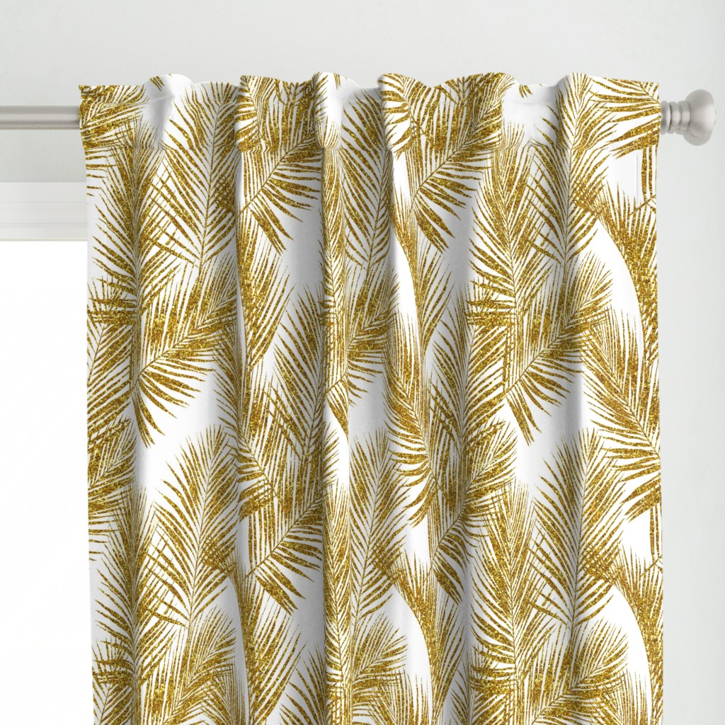 gold glitter palm leaves - white, large.   silhuettes faux gold imitation tropical forest white background hot summer palm plant leaves shimmering metal effect texture fabric wallpaper giftwrap