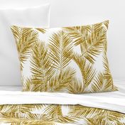 gold glitter palm leaves - white, large.   silhuettes faux gold imitation tropical forest white background hot summer palm plant leaves shimmering metal effect texture fabric wallpaper giftwrap