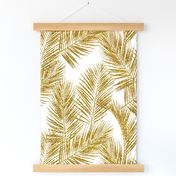 gold glitter palm leaves - white, large.   silhuettes faux gold imitation tropical forest white background hot summer palm plant leaves shimmering metal effect texture fabric wallpaper giftwrap