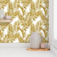 gold glitter palm leaves - white, large.   silhuettes faux gold imitation tropical forest white background hot summer palm plant leaves shimmering metal effect texture fabric wallpaper giftwrap