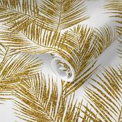 gold glitter palm leaves - white, large.   silhuettes faux gold imitation tropical forest white background hot summer palm plant leaves shimmering metal effect texture fabric wallpaper giftwrap