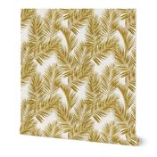 gold glitter palm leaves - white, large.   silhuettes faux gold imitation tropical forest white background hot summer palm plant leaves shimmering metal effect texture fabric wallpaper giftwrap