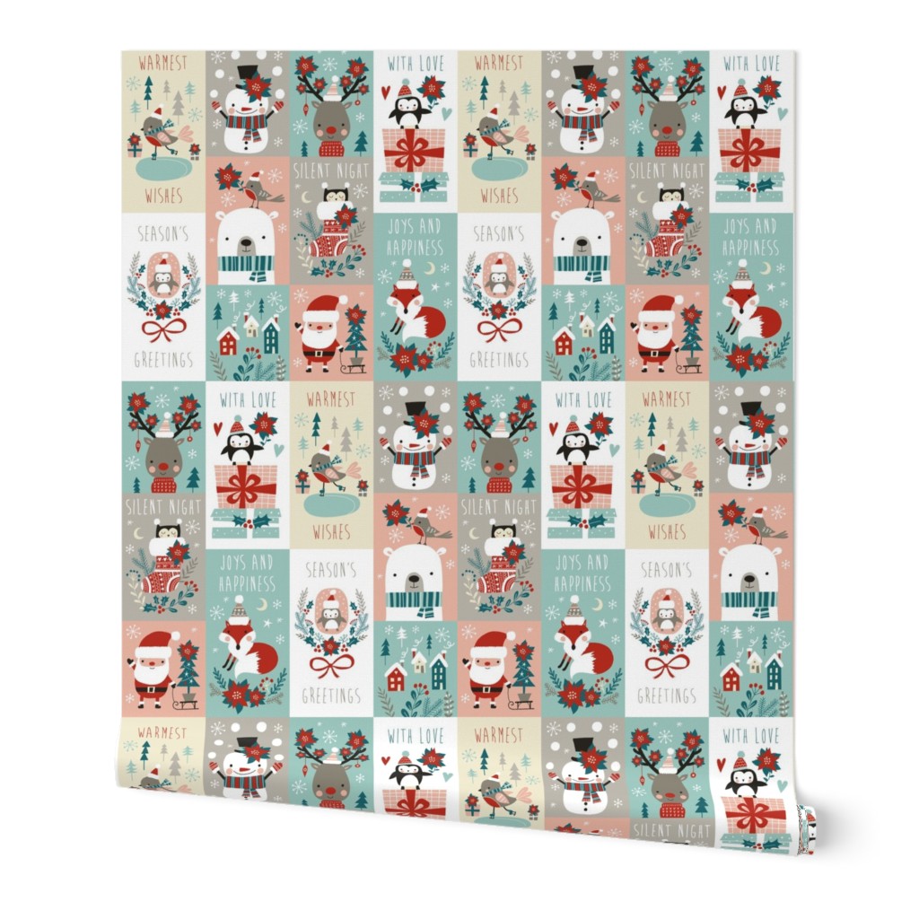 christmas stickers/gift wrap with cute woodland animals, santa claus, snowman and poinsettia