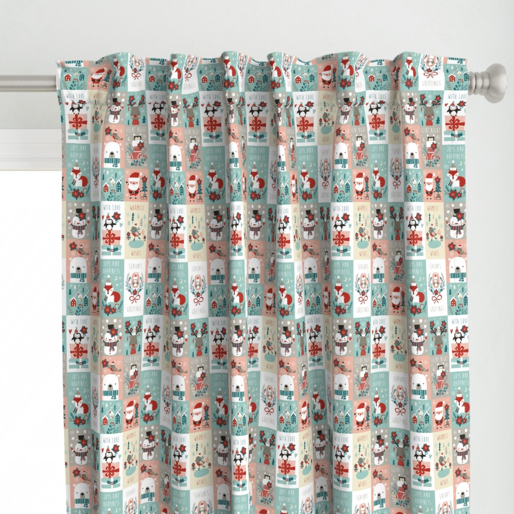 christmas stickers/gift wrap with cute woodland animals, santa claus, snowman and poinsettia