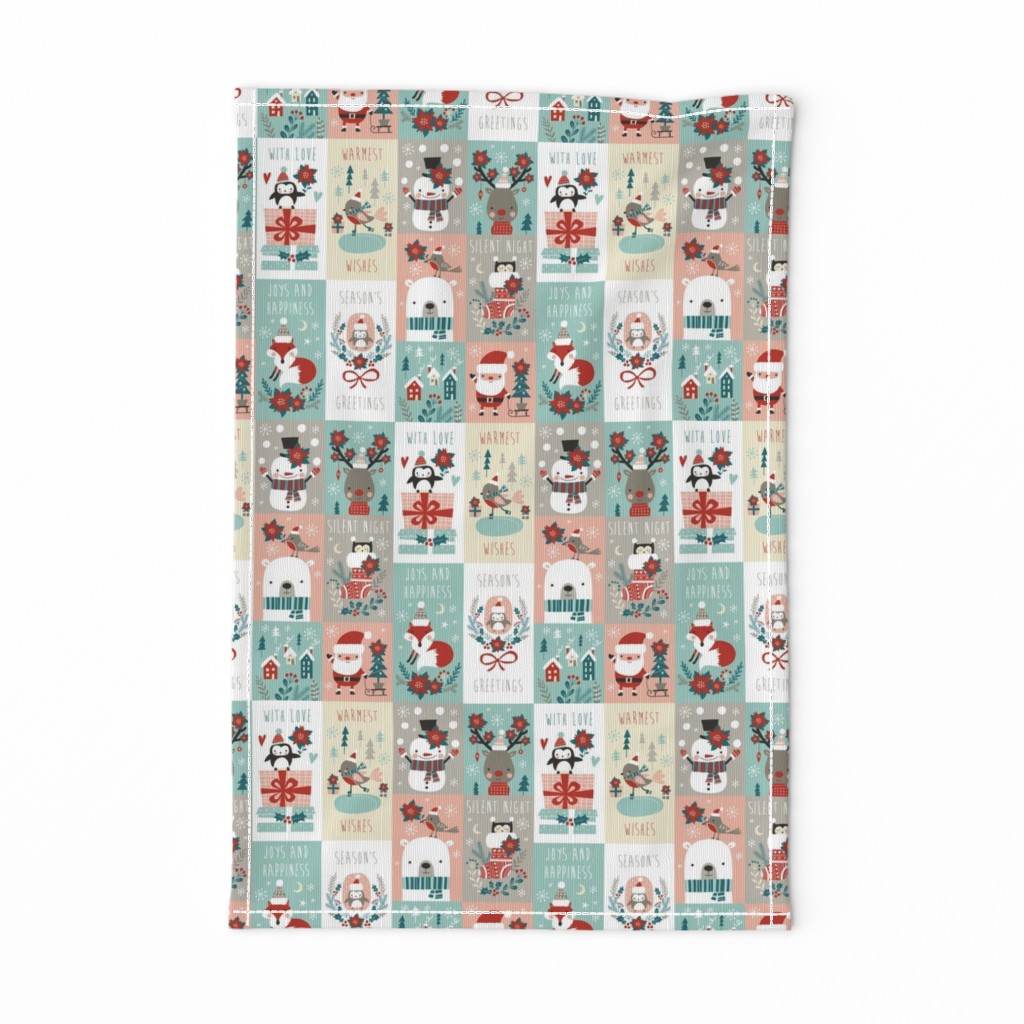 christmas stickers/gift wrap with cute woodland animals, santa claus, snowman and poinsettia