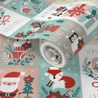 christmas stickers/gift wrap with cute woodland animals, santa claus, snowman and poinsettia