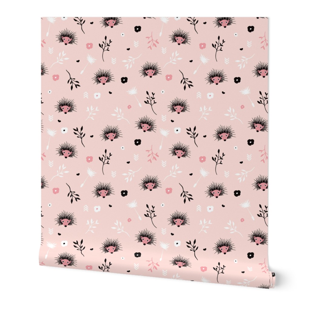 Soft pink hedgehog flowers spring illustration print for girls