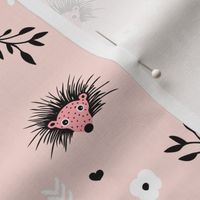 Soft pink hedgehog flowers spring illustration print for girls