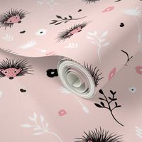 Soft pink hedgehog flowers spring illustration print for girls