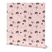 Soft pink hedgehog flowers spring illustration print for girls