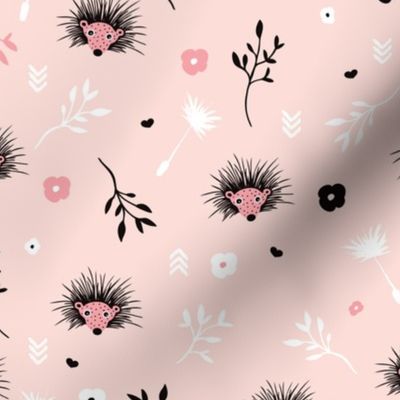 Soft pink hedgehog flowers spring illustration print for girls