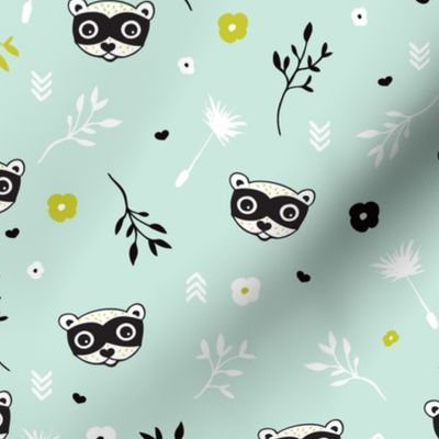 Cute spring flowers and woodland animals raccoon skunk gender neutral illustration print