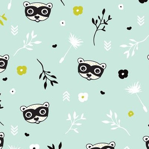 Cute spring flowers and woodland animals raccoon skunk gender neutral illustration print