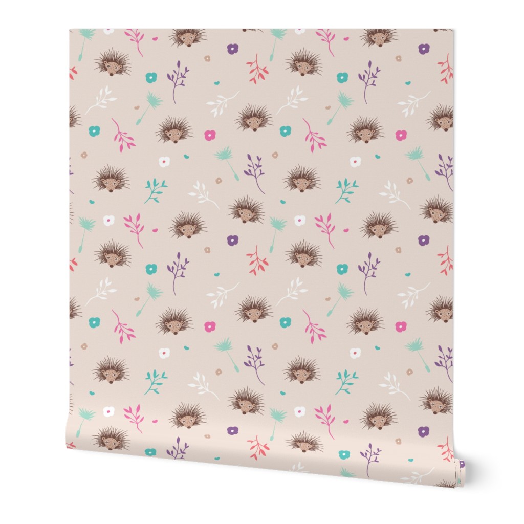 Soft pink hedgehog flowers spring summer illustration print for girls