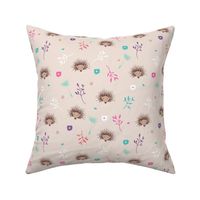 Soft pink hedgehog flowers spring summer illustration print for girls