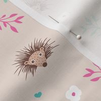 Soft pink hedgehog flowers spring summer illustration print for girls