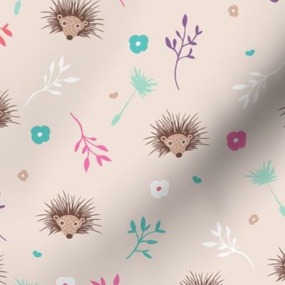 Soft pink hedgehog flowers spring summer illustration print for girls