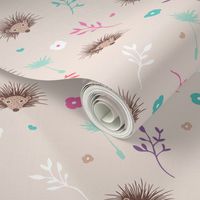 Soft pink hedgehog flowers spring summer illustration print for girls