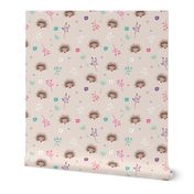 Soft pink hedgehog flowers spring summer illustration print for girls