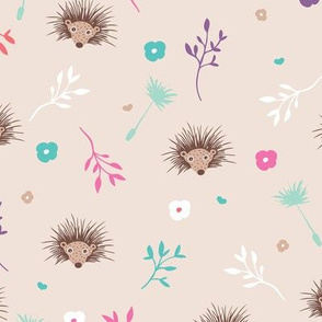 Soft pink hedgehog flowers spring summer illustration print for girls